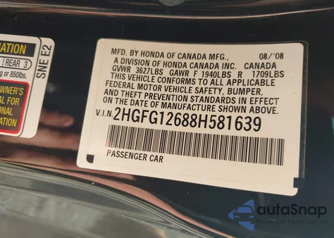 2008 Honda Civic Lx from USA, damaged, VIN 2HGFG12688H581639